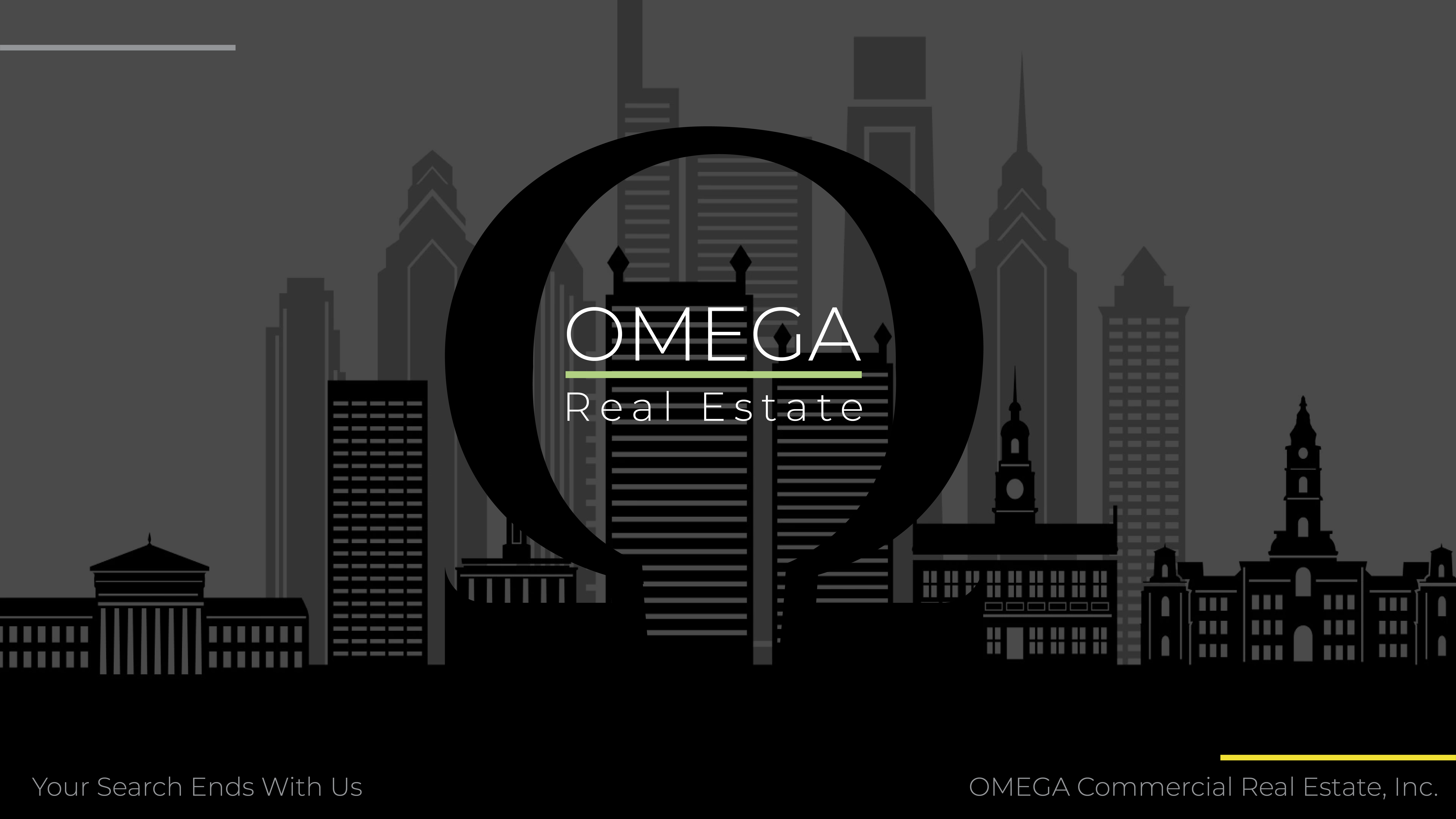 OMEGA Commercial Real Estate Banner, with Philadelphia Skyline and Omega Symbol www.omegare.com
